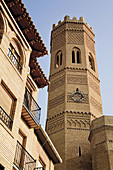 Mudejar style tower of Santa Maria church (12th-13th century), Tauste. Cinco Villas, Zaragoza province, Aragón, Spain