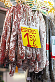 Typical sausage. Boquería market. Barcelona. Spain.