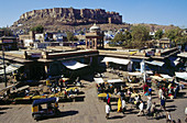 Sardar market square. Meherangarh fortress at the back. Jodhpur. Rajasthan. India.