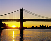 Williamsburg Bridge, East River from Fulton Landing promenade. New York City, USA
