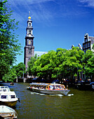 Tour boat, Westerkerk, Prinsengracht canal, Amsterdam, holland.