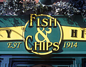 Fish & chip shop sign, Dorking, Surrey, England, U.K.