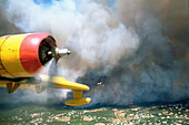Canadair water bomber drenching a forest fire. Provence. France