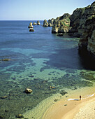 Praia da Dona Ana beach. Boats, rocks and Atlantic Ocean. Algarve. Portugal.