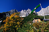 maple tree in autumn colours with hut Ackerlhütte, Wilder Kaiser, Kaiser range, Tyrol, Austria