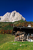 traditional alpine hut in front of Wilder Kaiser, Kaiser range, Tyrol, Austria