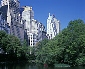 Pond, Central Park south skyline, Manhattan, New York, USA