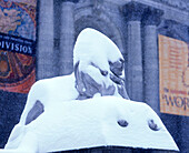 Blizzard, Lion statue, Public library, Manhattan, New York, USA