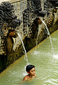 Air Panas Banjar hot springs, carved stone nagas (mythical snakelike creatures). Bali Island, Indonesia