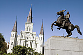St. Louis Cathedral and General Jackson statue. Jackson Square, New Orleans. Louisiana. USA