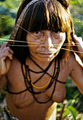 Mayoruna Indian woman, They are known as the cat people, San Jose de Añusi mayoruna Indian village. Galves River, tributary of the river Amazon. Peru