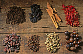Food: (above, from left to righ) clove, tonka bean, cinnamon, mace; (below left to right) cacao, pepper, coffee, nut meg. Grenada