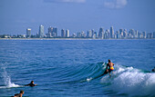 Surfer vor Burleigh Heads, Surfers Paradise im Hintergrund, Gold Coast, Queensland, Australien
