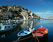 Greece, Simi, Dodecanese, Simi Town, harbour bay, fishing boats