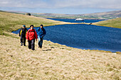 Ein Mann und zwei Frauen wandern entland der Küste, Schiff im Hintergrund, Insel Mousa, Shetland Inseln, Schottland, Großbritannien, MR