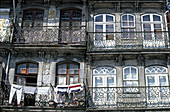 Balconies in Ribeira district, Porto. Portugal