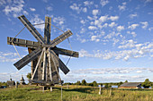 Wind mill from the village of Volkostrov, 1928, village of Yamka, wind mill. Kizhi Island. Onega lake, Karelia. Russia.