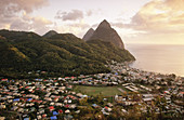 Sunset. View of The Pitons from the northeast. Soufriere. Santa Lucia. West Indies. Caribbean
