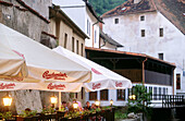 Riverside café in Cesky Krumlov. South Bohemia. Czech Republic