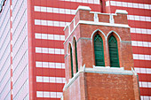 Red ATCO building and 1st presbyterian church. Edmonton. Alberta, Canada