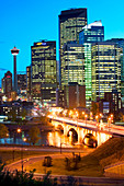 City and Centre Street bridge, downtown Calgary at evening. Alberta, Canada
