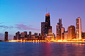 Dawn view of North Lake Shore Drive and John Hancock Tower from North Avenue Beach. Chicago. Illinois, USA