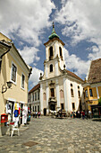 Danube river tourist town of Szentendre. Fo Ter (Square) & Blagovestenska Church (b.1754). Szentendre. Danube bend. Hungary. 2004.