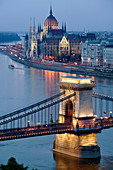 Szechenyi (Chain) Bridge, Parliament & Danube River from Castle Hill. Evening. Budapest. Hungary. 2004.