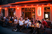 Berlin Friedrichshain,  Simon Dach street, street cafes restaurants bars, young  people