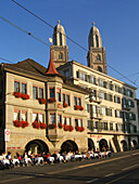 Switzerland, Zuerich Limmatquai, Grossmuenster, kathedral,  street cafe