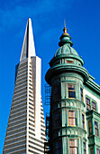 Transam pyramid and Victorian style building. San Francisco. CA. USA