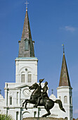 St. Louis Cathedral and A. Jackson Statue, Jackson Square. French Quarter, New Orleans. Louisiana, USA