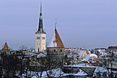 St. Olaf Church and Lower Walls, old town from Toompea. Tallinn, Estonia