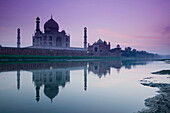 Taj Mahal. Seen from the East along the Yamuna River. Dusk. Uttar Pradesh. Agra. India.