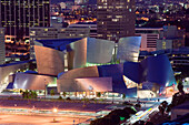 Evening View of Walt Disney Concert Hall from Los Angeles City Hall. Downtown. Los Angeles. California. USA.
