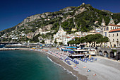 Town View with Beach. Morning. Amalfi. Amalfi Coast. Campania. Italy.