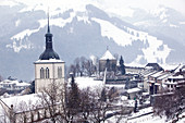 Upper Town Church View from Gruyeres Castle / Winter. Gruyeres. Fribourg. Switzerland.