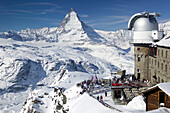 Gornergrat Kulm Hotel and Restaurant & Matterhorn. Winter. Gornergrat Mountain (el.3089 meters). Zermatt. Valais-Wallis. Switzerland.