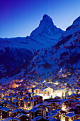 View of ZERMATT & Matterhorn / Evening / Winter. Zermatt. Wallis/Valais. Switzerland.