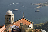 Castelmola Town Church & view of the Gulf of Naxos, Castemola. Sicily, Italy