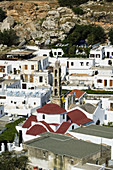 Town view with church of Agia Panagia seen from the Acropolis of Lindos. Rhodes. Dodecanese, Greece