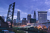 Downtown View with the Detroit Avenue Bridge from the Flats Area. Dawn. Cleveland. Ohio. USA.