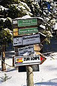 Guideposts to the cross-country ski run in the Valepp valley, near Spitzingess Lake. Spitzing. Upper Bavaria. Germany