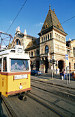 Hungary, Budapest, Pest, Old market and tramway.