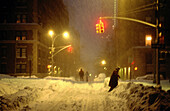 Snow storm, street scene. New York City. USA