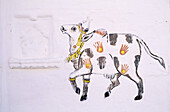 Sacred cow painted on wall. Udaipur, Rajasthan. India