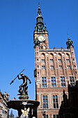 Town Hall at Dlugi Targ (Long Market square), the fountain of Neptune. Gdansk. Poland.