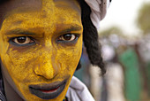 Niger. A Wodaabe-Bororo man with his face painted for the annual Gerewol male beauty contest...