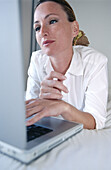 Color, Colour, Computer, Computers, Contemporary, Dark-haired, Facial expression, Facial expressions
