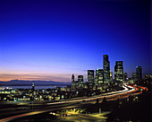 Road: route 5, Downtown skyline, Seattle, Washington State, USA.